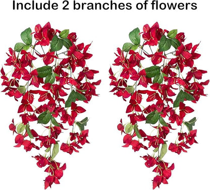 2PCS Bougainvillea Artificial Hanging Flowers Plants for Outdoors Outside Fall Decoration, Faux Silk Flowers Fake Vines UV Resistant Look Real Realistic for Front Door Porch Planter Balcony, Red
