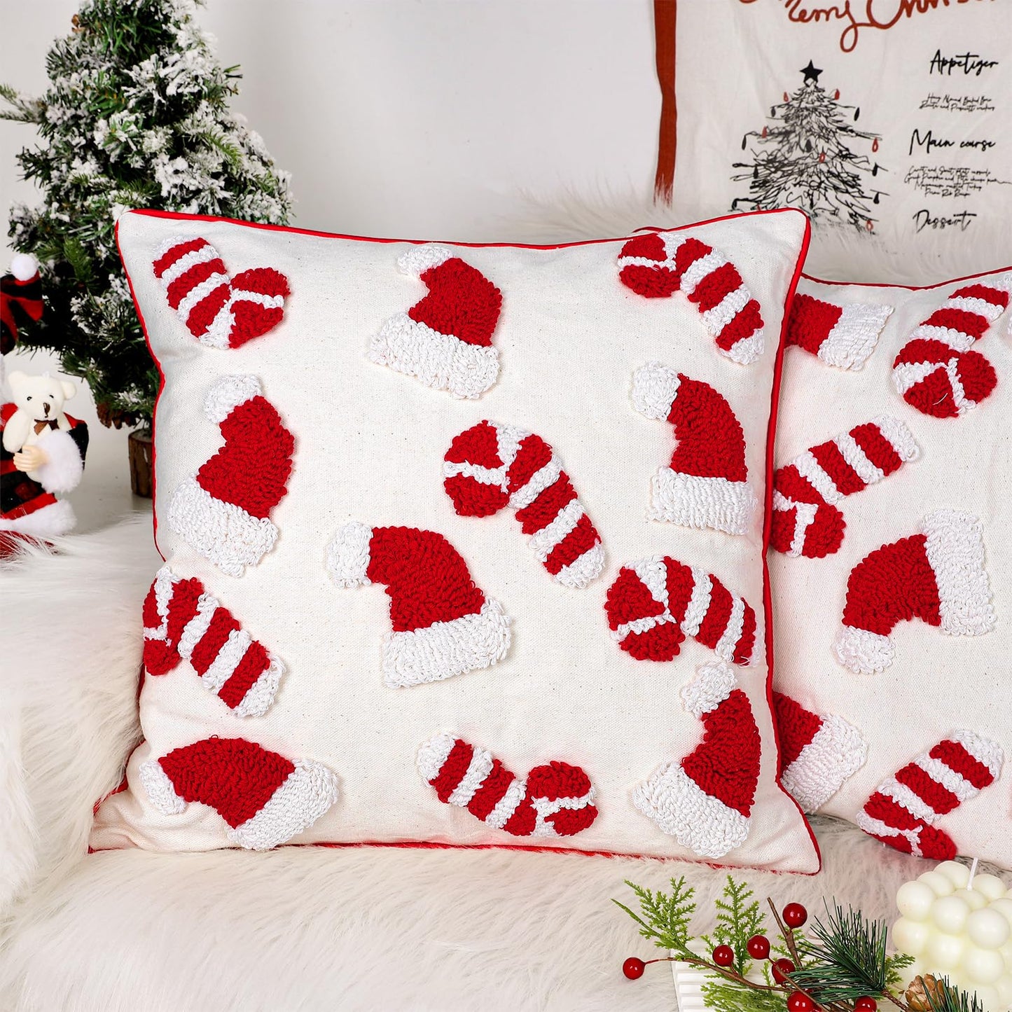 Whaline 2Pcs Christmas Tufted Throw Pillow Covers Red White Xmas Hat Candy Cane Pillow Case Winter Holiday Soft Cushion Cover for Sofa Couch Bed Home, 18 x 18 Inch