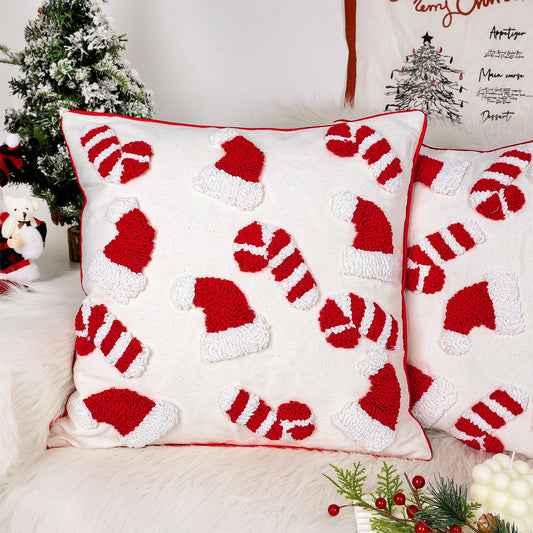 Whaline 2Pcs Christmas Tufted Throw Pillow Covers Red White Xmas Hat Candy Cane Pillow Case Winter Holiday Soft Cushion Cover for Sofa Couch Bed Home, 18 x 18 Inch