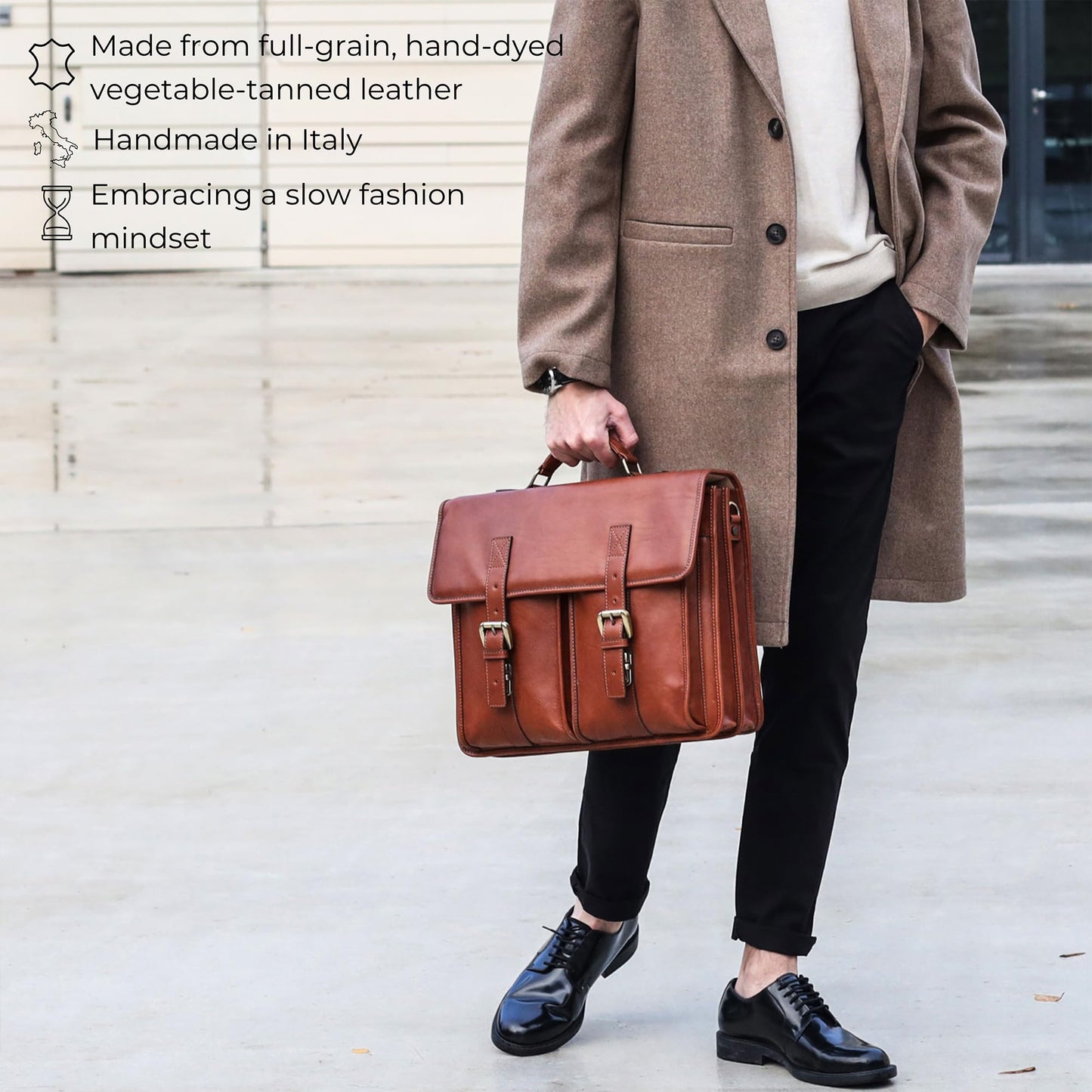 Time Resistance Leather Briefcase for Men - Handcrafted in Italy Full Grain Messenger Bag - Laptop Bag (Cognac Brown)