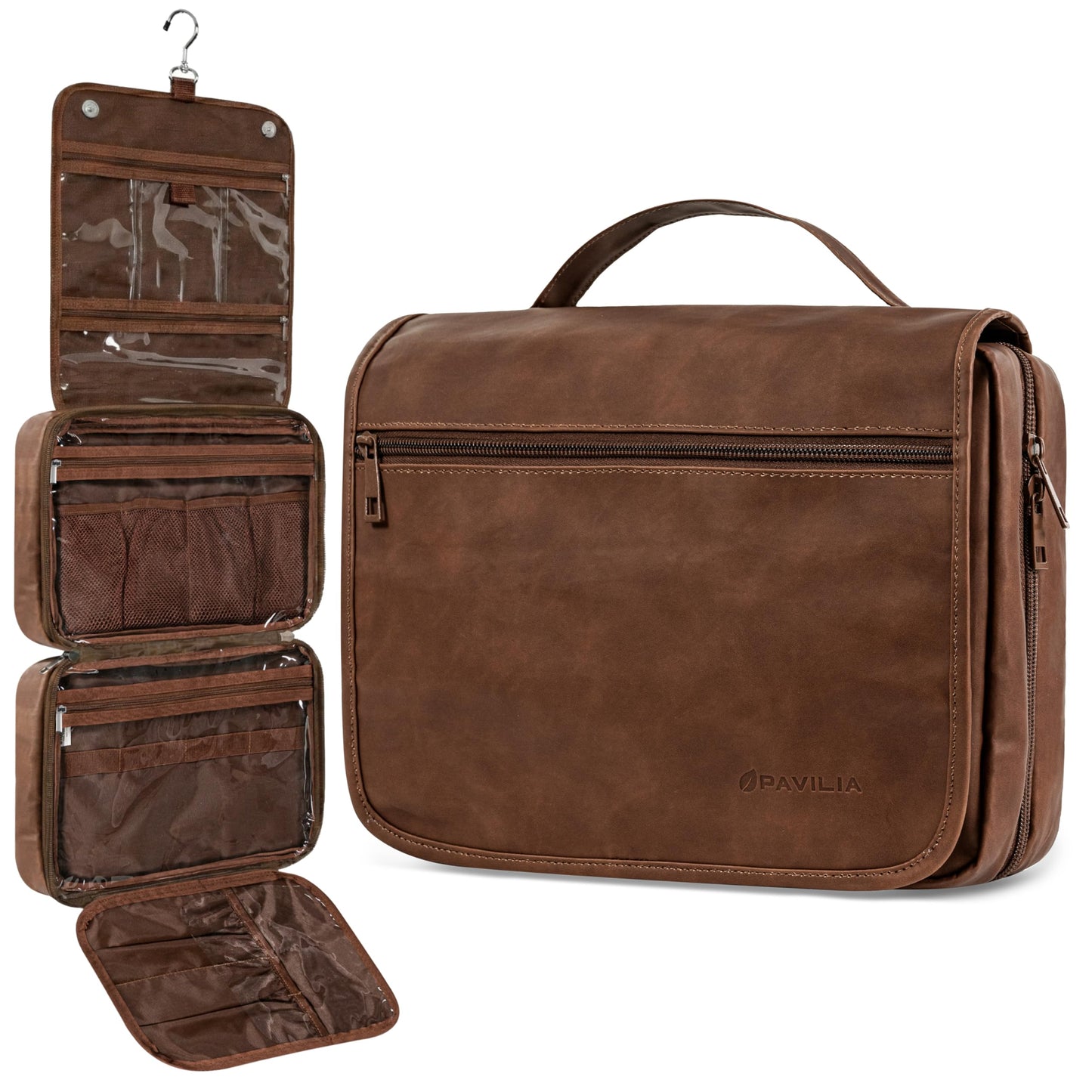 PAVILIA Hanging Toiletry Bag Women Men, Foldable Cosmetic Organizer Travel Bag, Water Resistant Makeup Bag Toiletries, Large Travel Essentials Kit (Dark Brown)