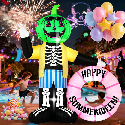 InfleasJoiy 6FT Watermelon Zombie Holding Flower Wreath, Summer Halloween Outdoor Inflatable Decoration with Built-in LED Lights. Suitable for Indoor, Outdoor, and Lawn Parties.