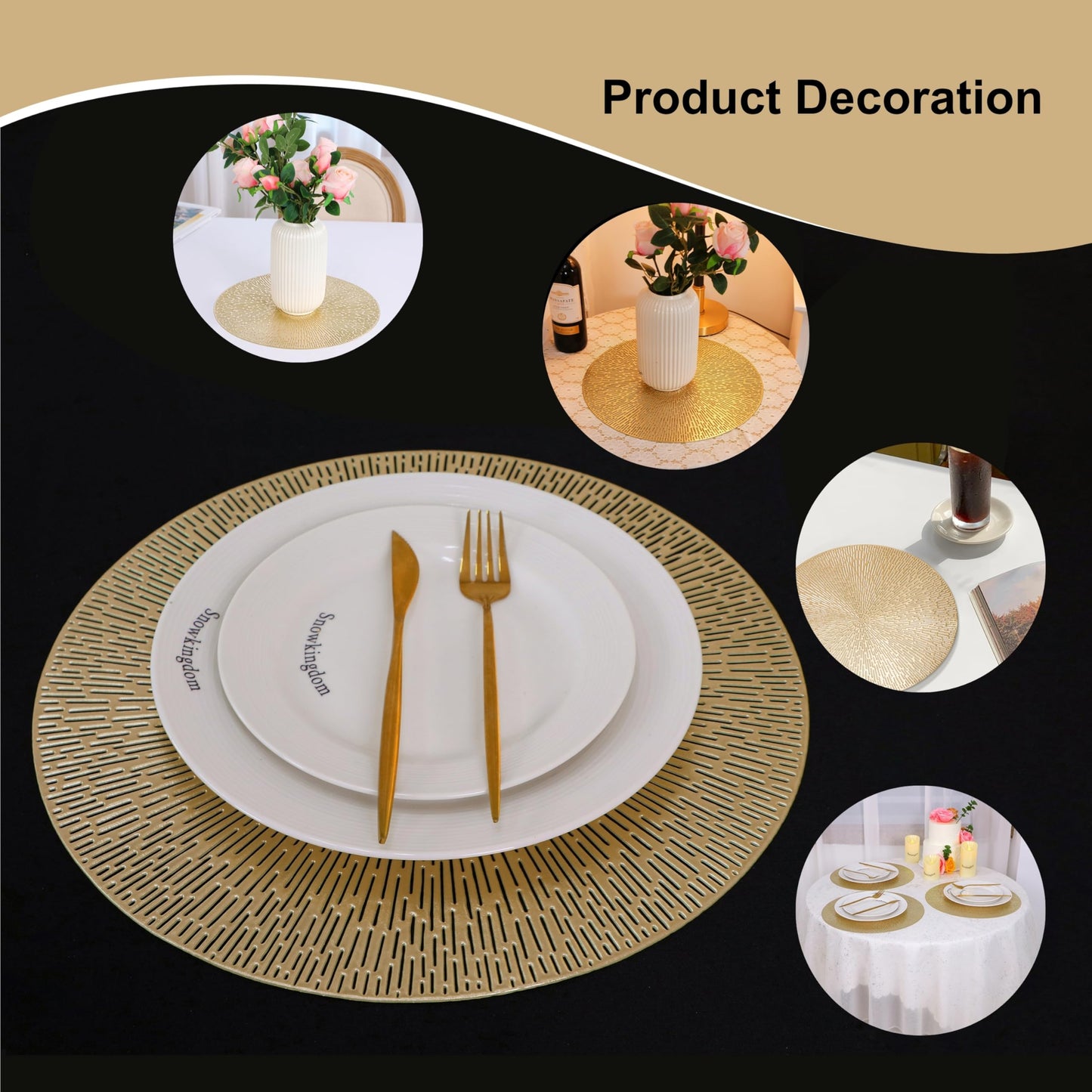 Snowkingdom Round Placemats Gold Metallic Set of 6 Vinyl Hollow Placemats 15'', Washable Easy Clean Wipeable Non-Slip Stain Heat Resistant Dinning Table Place Mats for Wedding Party Decoration by