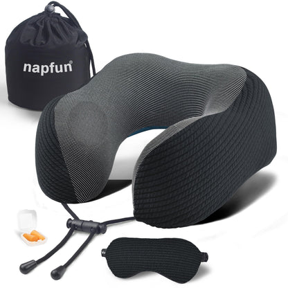 napfun Neck Pillow for Traveling, Upgraded Travel Neck Pillow for Airplane 100% Pure Memory Foam Travel Pillow for Flight Headrest Sleep, Portable Plane Accessories, Light Grey