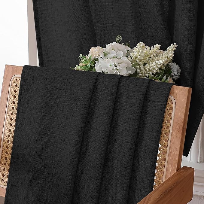 Tollpiz Linen Curtains Living Room Rod Pocket Semi Sheer Curtain Burlap Light Filtering Thick Linen Drapes for Bedroom, 38 x 63 inches Long, Black, Set of 2 Panels