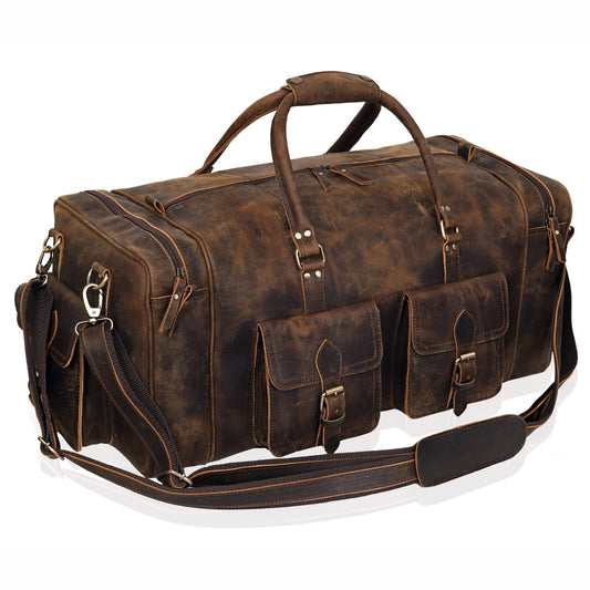 Large duffel bags for men holdall leather travel bag overnight gym sports weekend bag (BROWN, 20" Medium)