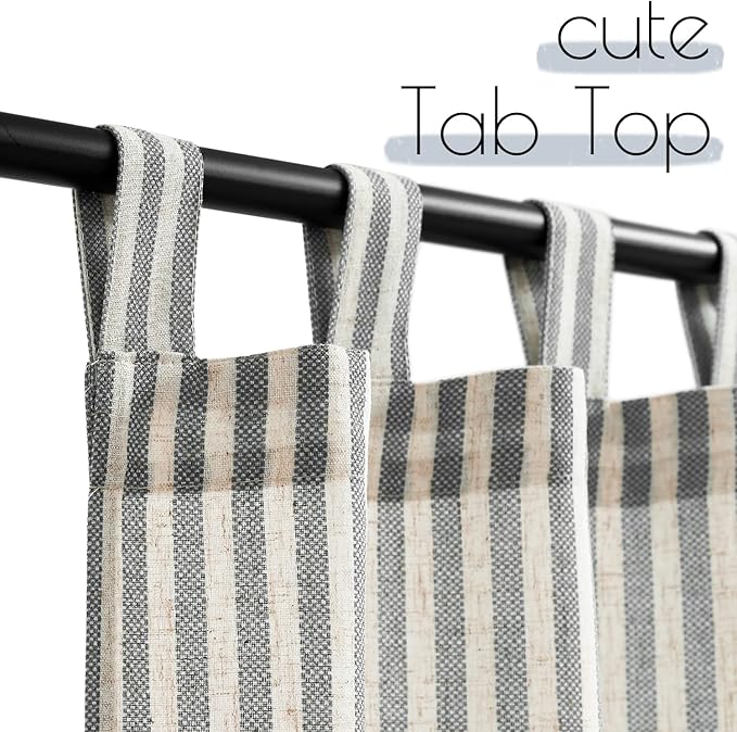 JINCHAN Tab Top Linen Kitchen Curtains 24 Inch Striped Tier Curtains Farmhouse Modern Cafe Style Small Window Treatments Airy Light Filtering Rod Pocket for Living Room Bathroom 2 Panels Charcoal Grey