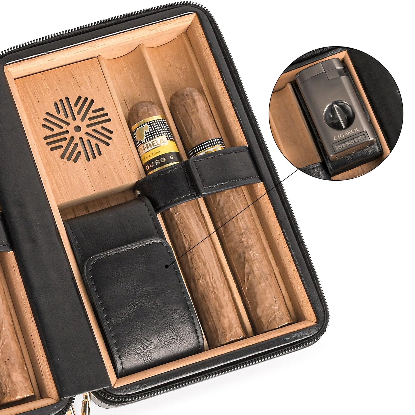 Portable Cigar Humidor Travel Case, Leather & Wood Cigar Box with Humidifier for 6 Cigars, Ideal for Travel and Desktop Storage, Compact and Durable Design