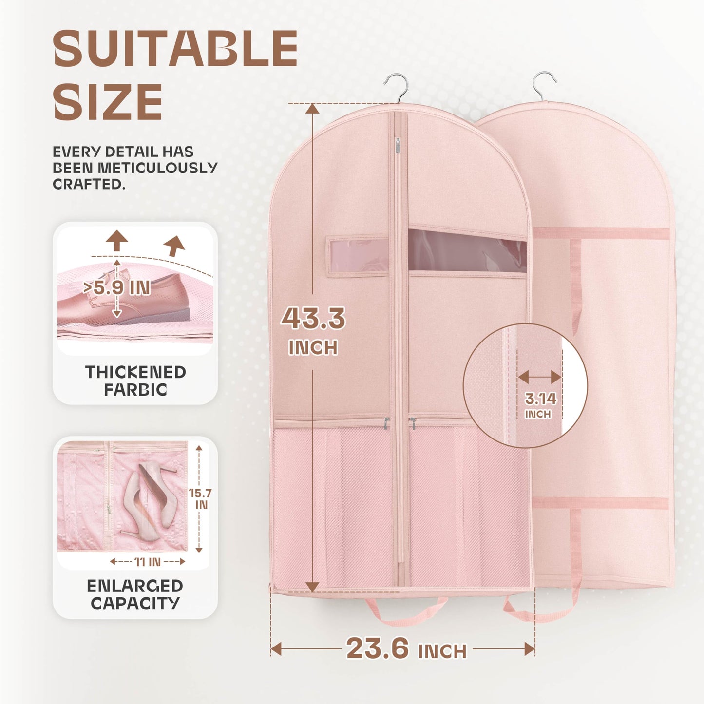 Lazebox 43" Travel Garment Bag with Accessories Zipper Pocket, Heavy Duty Suit Bag for Suits, Tuxedos, Dresses, Coats, Pink, 1 pack