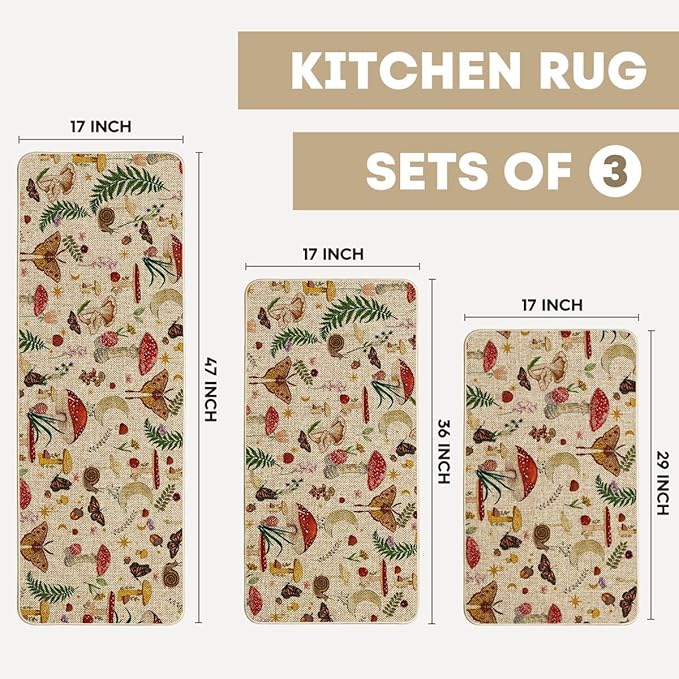 Artoid Mode Mushrooms Butterfly Spring Kitchen Mats Set of 3, Home Decor Low-Profile Kitchen Rugs for Floor - 17"x29"+17"x36"+17"x47"