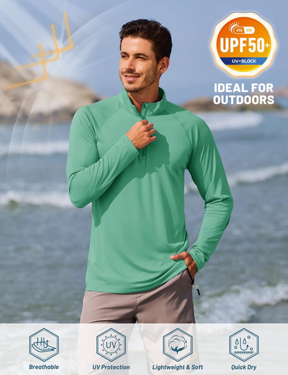 TACVASEN Long Sleeve Shirts for Men Quarter Zip Pullover Golf Sun Protection Running Rash Guard Athletic T-Shirts Outdoor Green