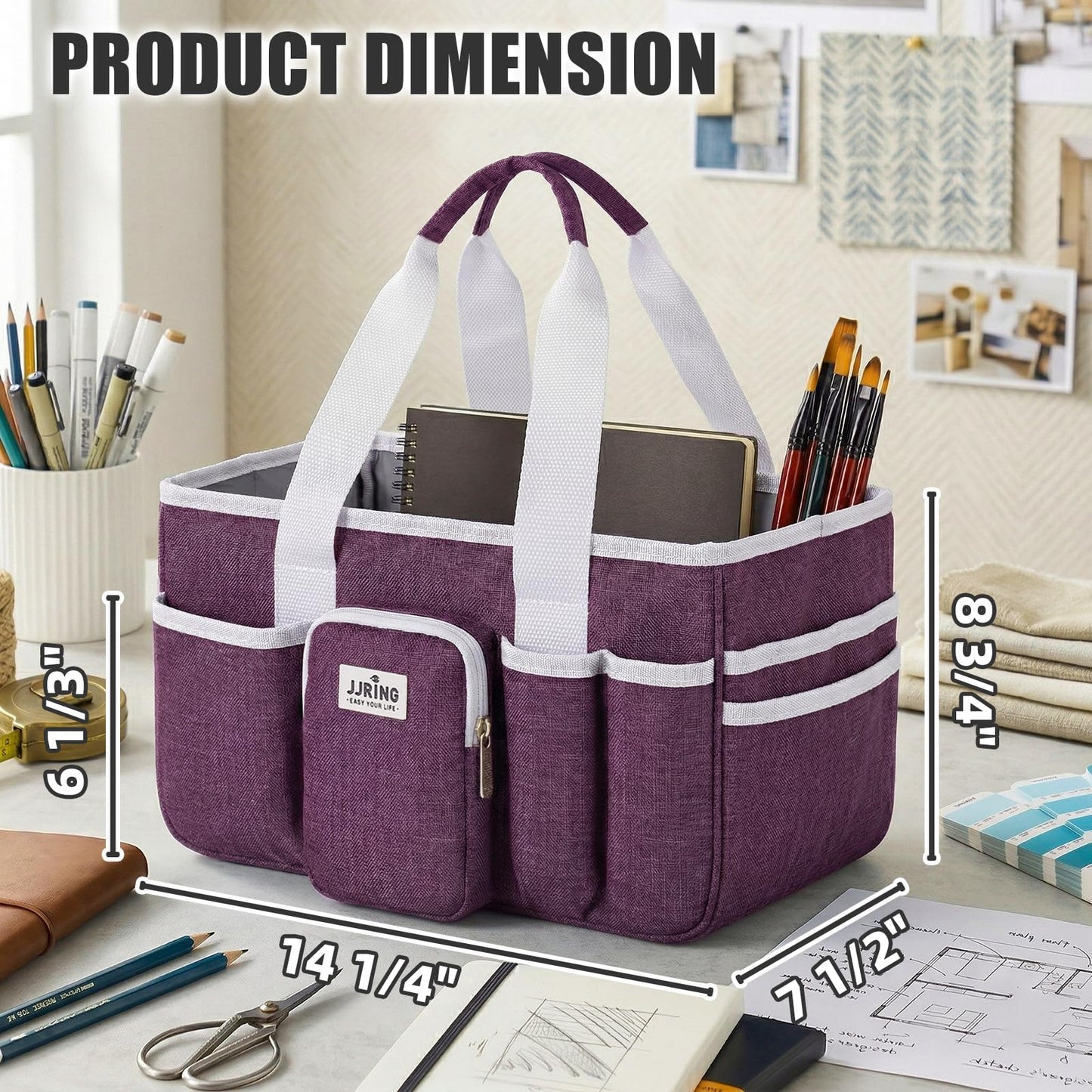 Jjring Craft Organizer Tote Bag, Portable Art Caddy with Adjustable Divider&Secure Zipper Pocket, Large Foldable Storage Tote for Scrapbooking, Sewing, Artist and Home(Deep Purple)