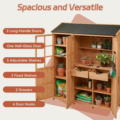 Outdoor Garden Shed with Waterproof Roof and Workstation, Outdoor Storage Cabinet with 7 Storage Shelves, 2 Drawers and 6 Hooks, Natural
