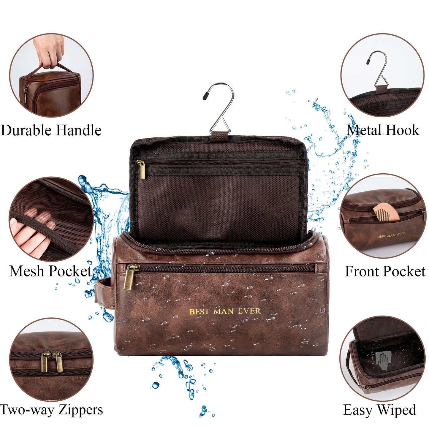 Flycalf Mens Toiletry Travel Bag Groomsmen Father Dad Mens Leather Toiletries Grooming Bag for Men Shaving Bag Hanging Water Resistant Organizer (Brown)