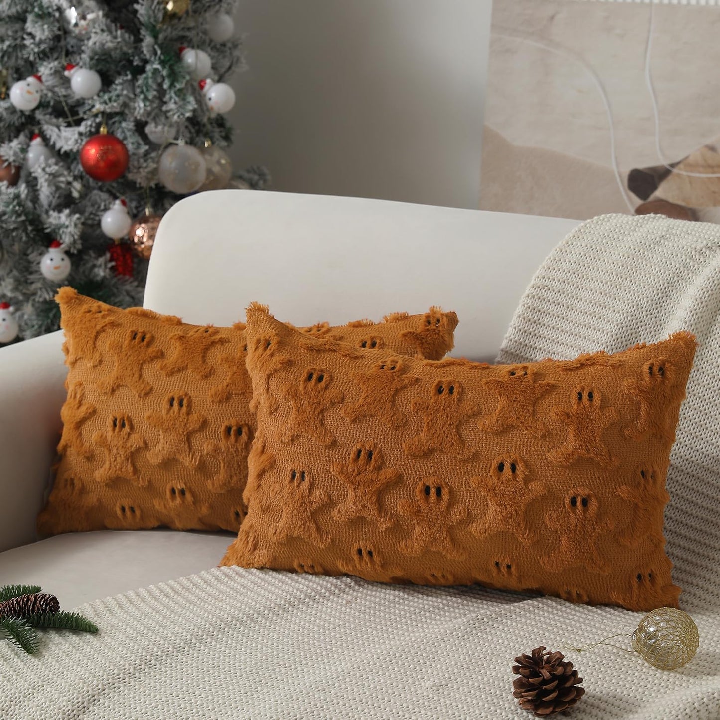 Allorry Christmas Throw Pillow Covers 12x20 Set of 2 Rust Gingerbread Decor Throw Pillow Cases Soft Plush Faux Fur Cushion Case for Winter Xmas Home Bedroom Sofa Decors SY002-A20