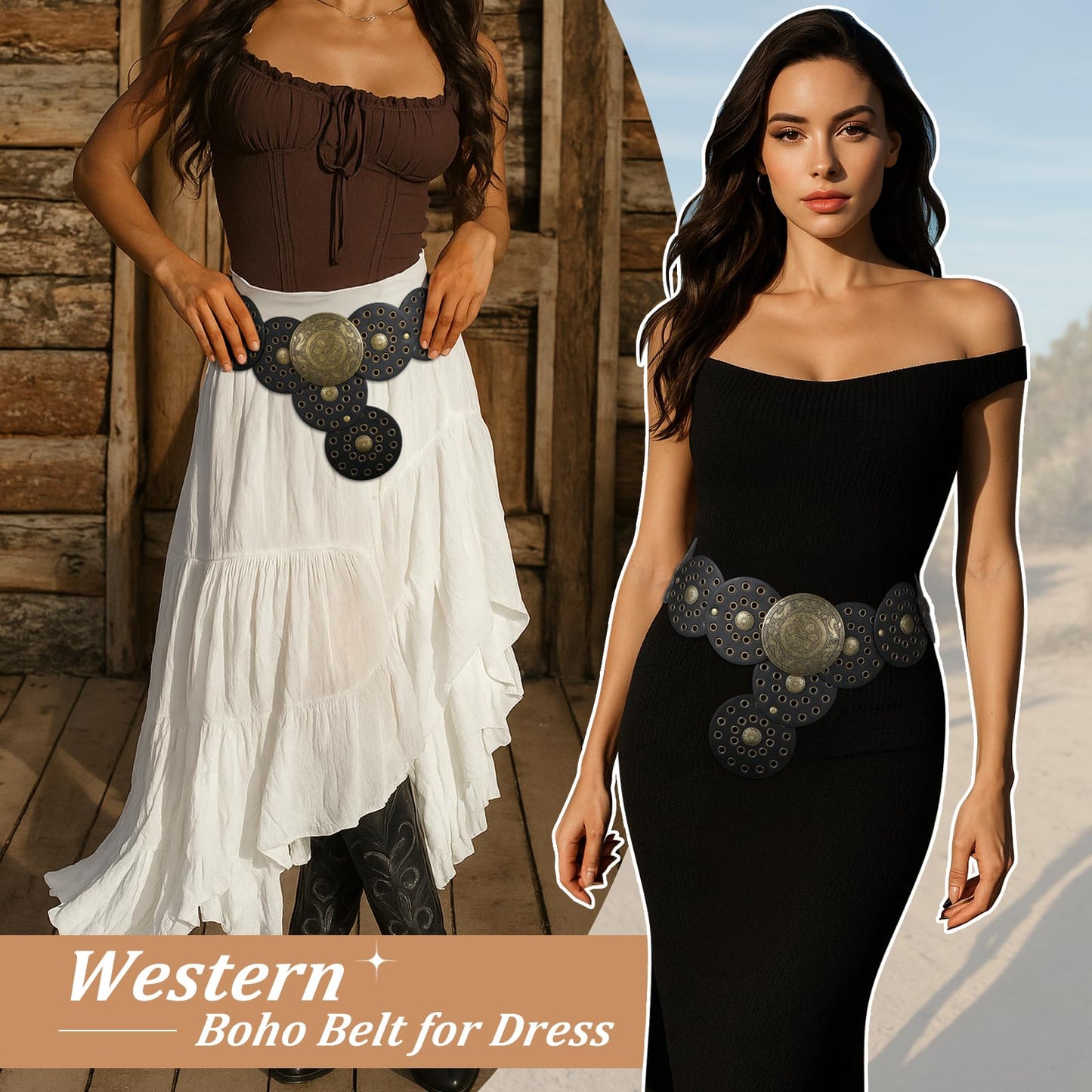 WERFORU Women Wide Western Disc Belt Cowgirl Boho Leather Belt for Jeans Dress