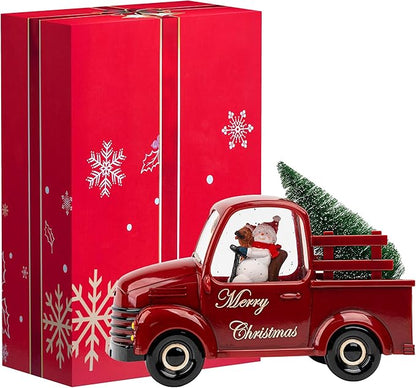 Christmas Snow Water Lantern Glittering Snowman and Pup in Red Truck with Christmas Tree, USB Lined/Battery Operated Lighted Spinning Lantern for Christmas Festival Decoration Gifts