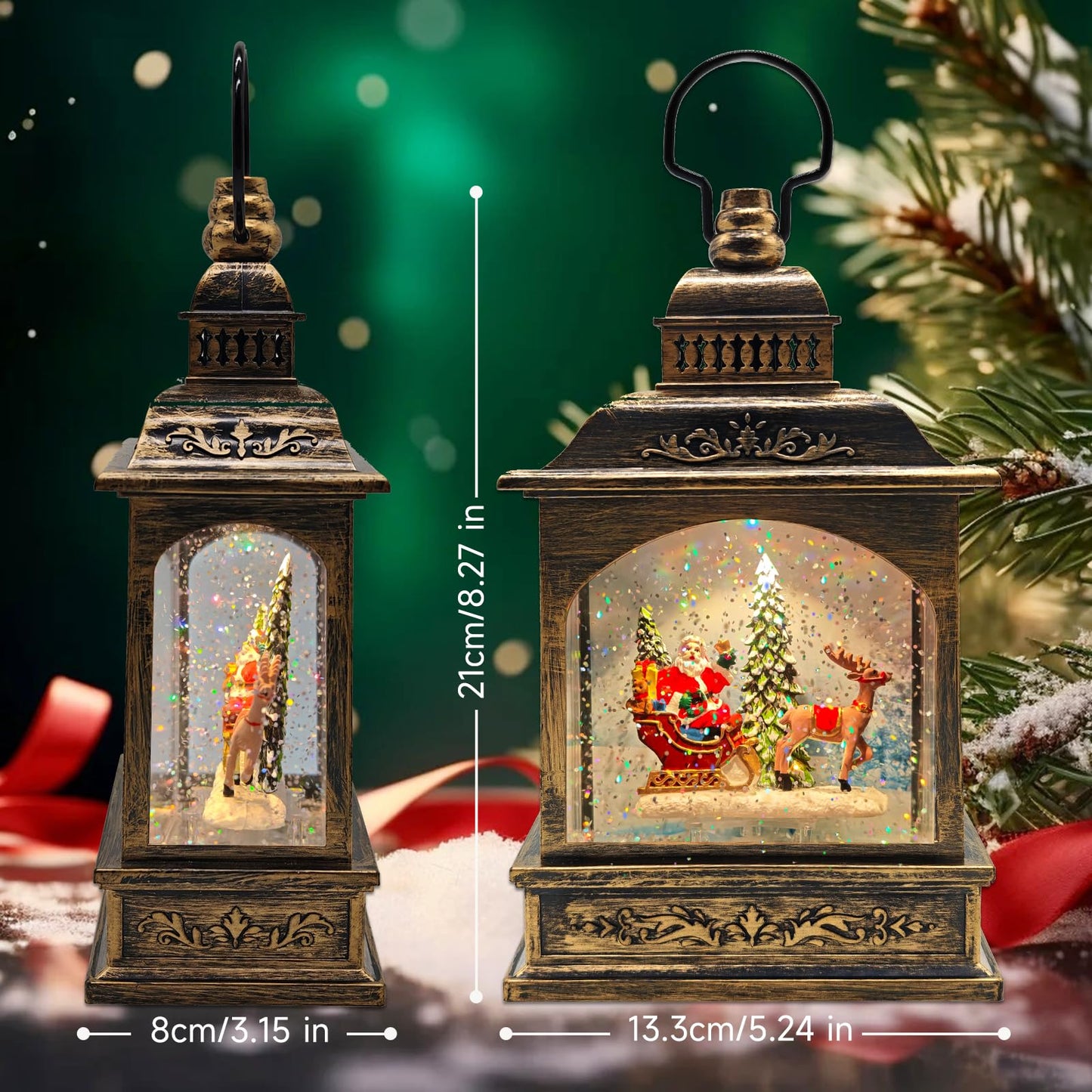Christmas Snow Globes Lantern Lighted Water Glittering,with Santa Claus Projection/6H Timer/Music,Christmas Decorations Indoor-USB/Battery Operated-Gifts for Kids Adults-with Snow Scene Background