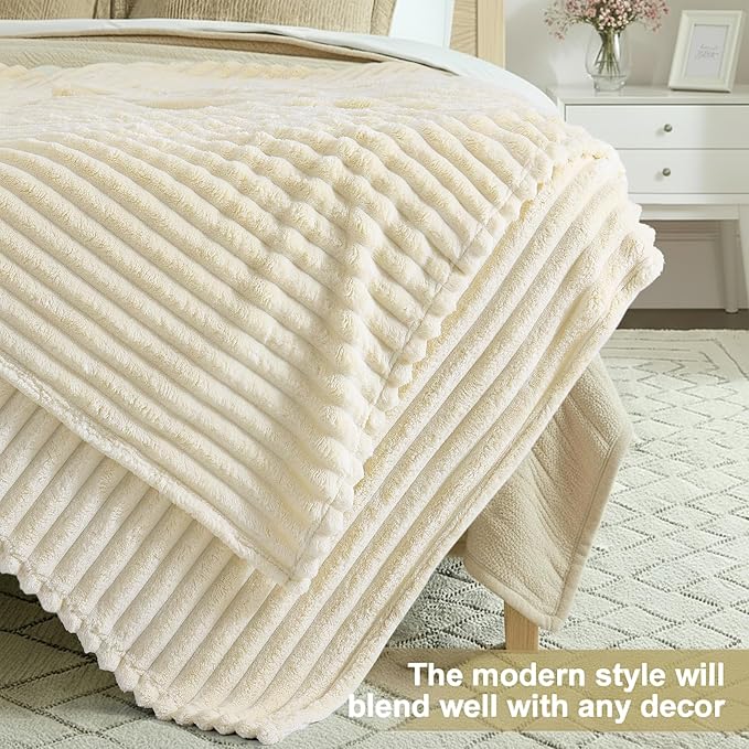 decorUhome Soft Fleece Beige Blanket King Size for Bed, Cozy Fluffy Plush Flannel Large Striped Throws for Couch Sofa, Lightweight Decorative Fuzzy Blanket for Woman, 108x90 Inches
