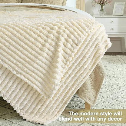 decorUhome Soft Fleece Beige Blanket Queen Size for Bed, Cozy Fluffy Plush Flannel Large Striped Throws for Couch Sofa, Lightweight Decorative Fuzzy Blanket for Woman, 90x90 Inches