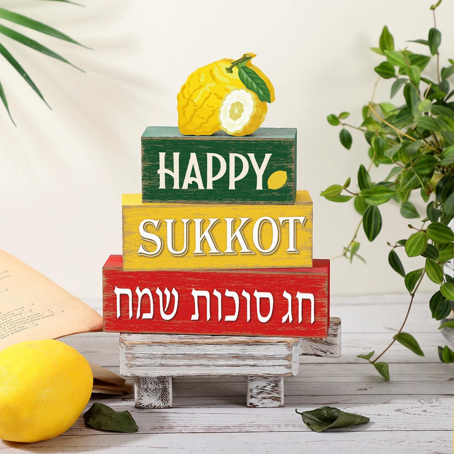 Marsui 4 Pcs Happy Sukkot Table Decor Rustic Sukkah Decorations Etrog Wooden Signs Centerpiece Farmhouse Sukkot Tiered Tray Decor for Home Office Desk Jewish Festival Decorations