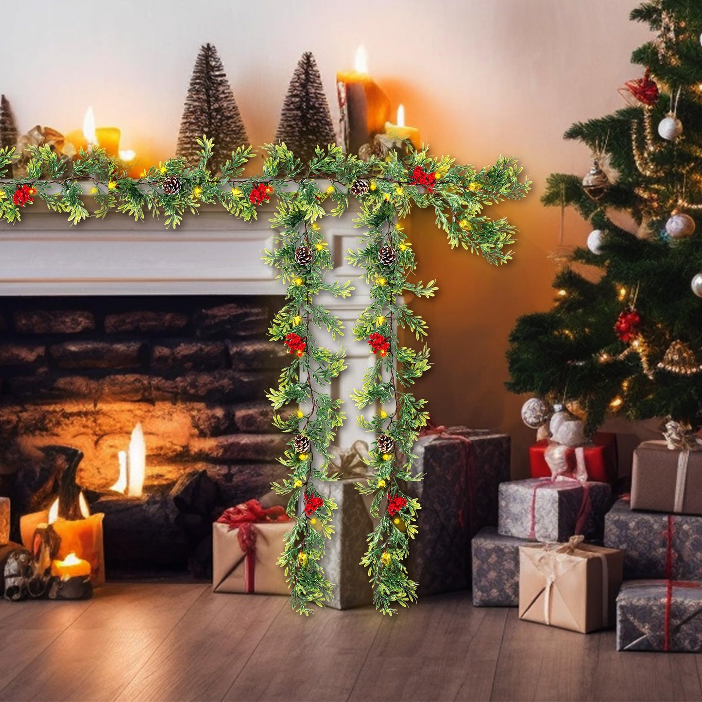 MINDELF 6 FT Artificial Christmas Garland, Faux Cypress Leaf Evergreen Garland with 20 LED Lights, Red Berries and Pinecones, Green-Yellow Leaves, Timer, Perfect for Indoor Outdoor Window Mantel