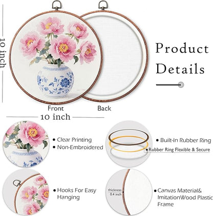 Threegoat Chinoiserie Spring Floral Framed Round Wall Art,Blue and White Hydrangea Flowers Wall Art Decor for Bedroom,Vintage Wall Hanging Decor for Grand Millenial Grandmillennial Home - A02