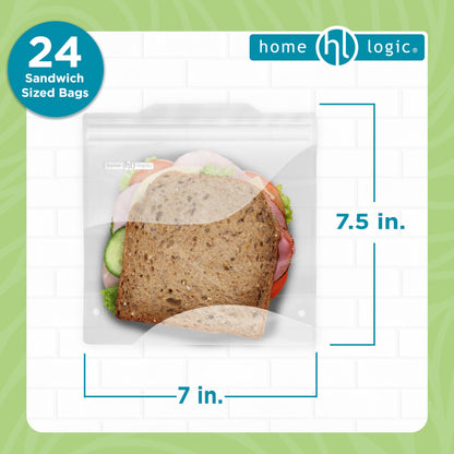 Home Logic Reusable Bag Combo Pack – 24 Leak Proof Food Storage Bags for Snacks & More – 8 Gallon Bags, 8 Sandwich Bags & 8 Snack Bags