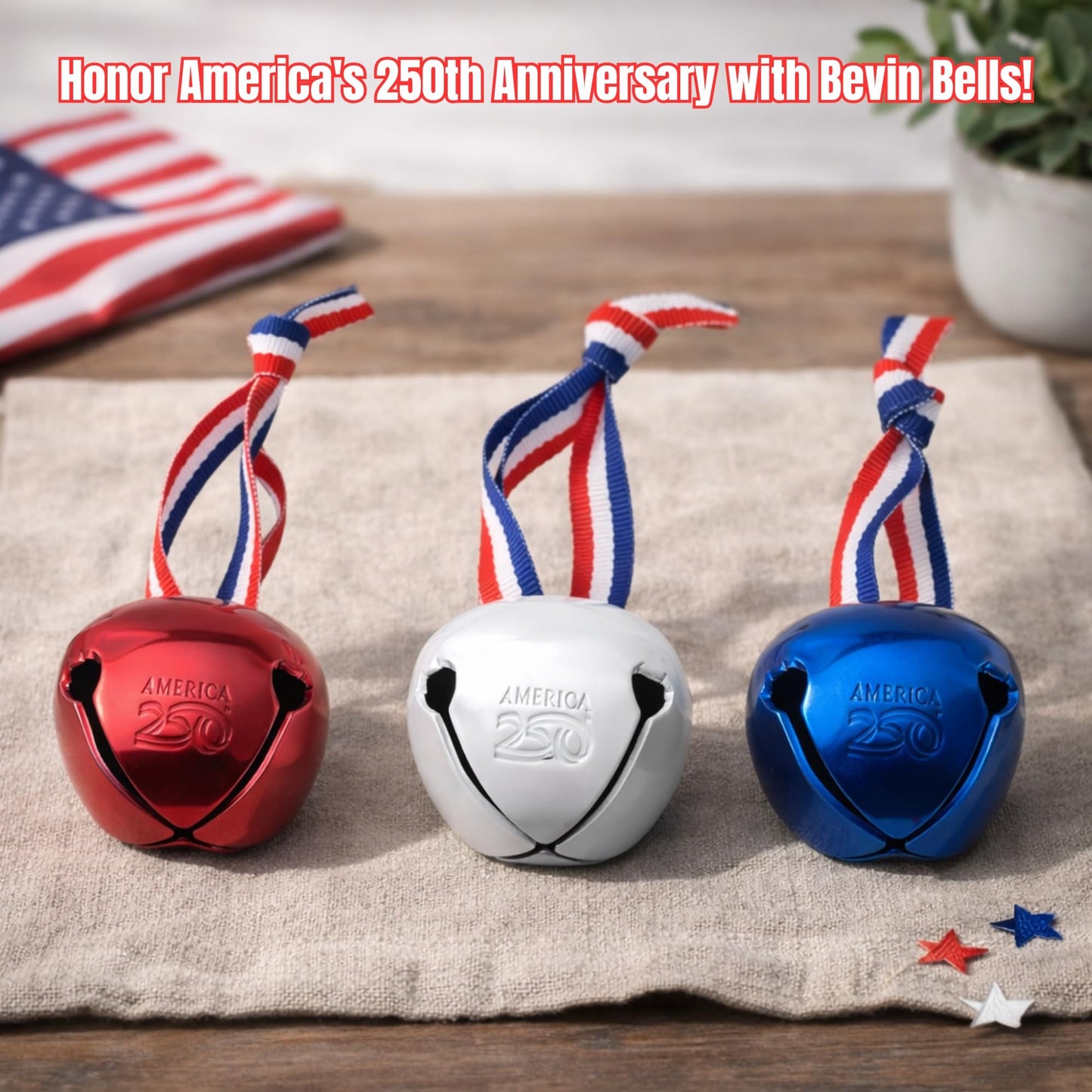 Bevin Bells Believe Sleigh Bells Ornament | America’s 250th Anniversary (3-Pack) | 1.5" Steel Jingle Bells in Red, White & Blue with Tricolor Ribbon & White Drawstring Bag | Gift Ideas | Made in USA