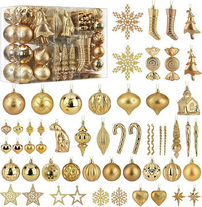 SHareconn 145pcs Christmas Balls Ornaments Set, Shatterproof Plastic Baubles Snowflakes, Stars and Tree Topper for Xmas Tree Holiday Wedding Party Decorations with Hanging Strings, Bronze Gold