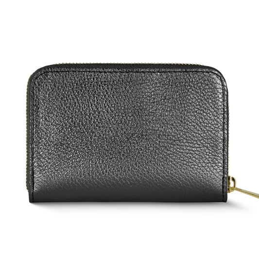 TAKEASY Italian Genuine Metallic Leather Wallet for Women with Zipper | Compact Rectangular Calfskin Card Holder Money Case (Black)