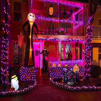 Vivideal 300 LED Christmas Lights Outdoor, 100ft Christmas String Lights Indoor Clear Wire 8 Modes Waterproof Plug in String Light for Tree Party Garden Decorations, Purple&Orange