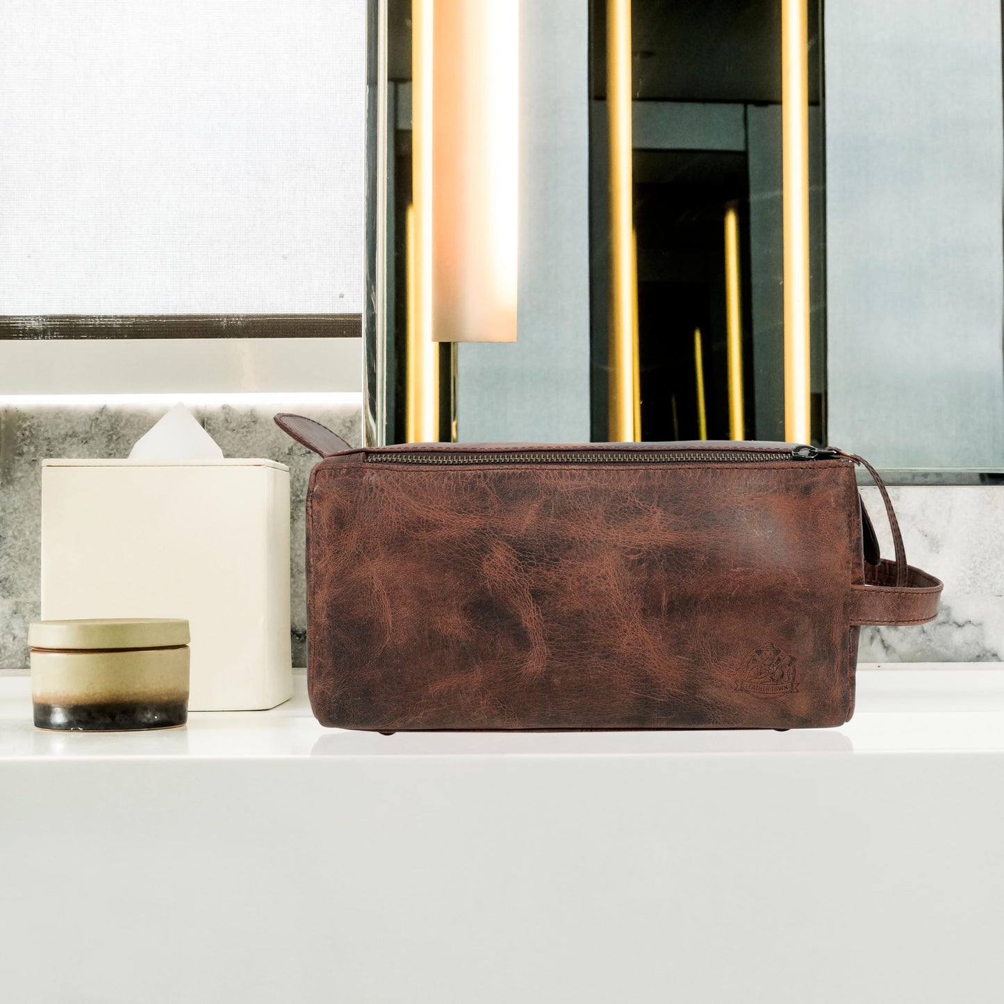 Leather Toiletry Bag for Men, Travel Duffels Essentials Shaving Dopp Kit, Mens Travel Bag Toiletries Organizer Case for Grooming, Made from 100% Real Leather (Dark Brown)