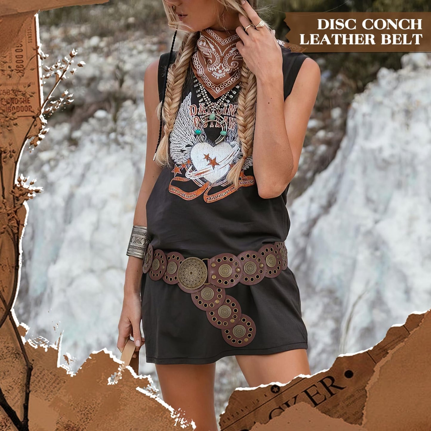 WHIPPY Western Belts for Women Vintage Disc Waist Belts Concho Leather Belts Boho Waist Belt for Dress Jeans, Bronze Brown, S