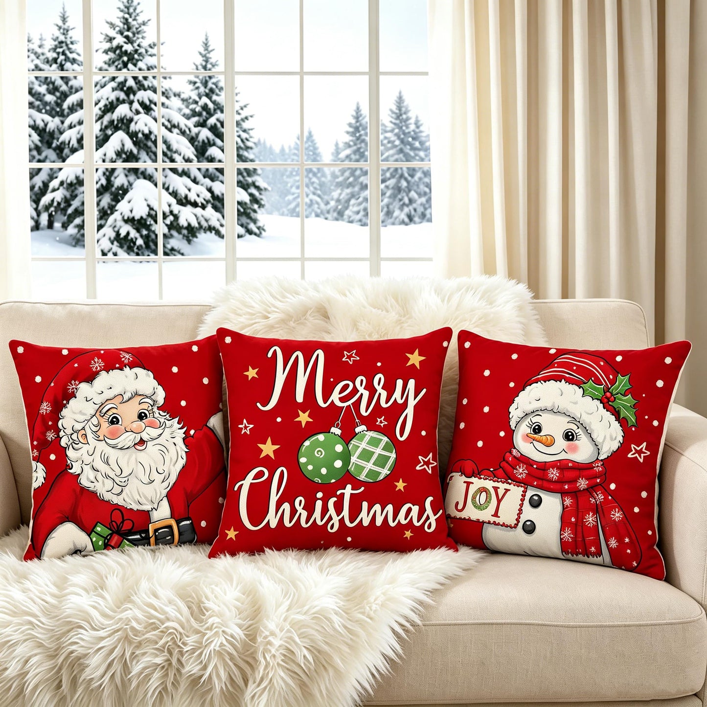 Ni-JASW Red Christmas Throw Pillow Covers 18x18 inch Set of 4, Old Fashioned Santa Snowman Merry Christmas Cushion Covers for Couch Sofa Holiday Decor