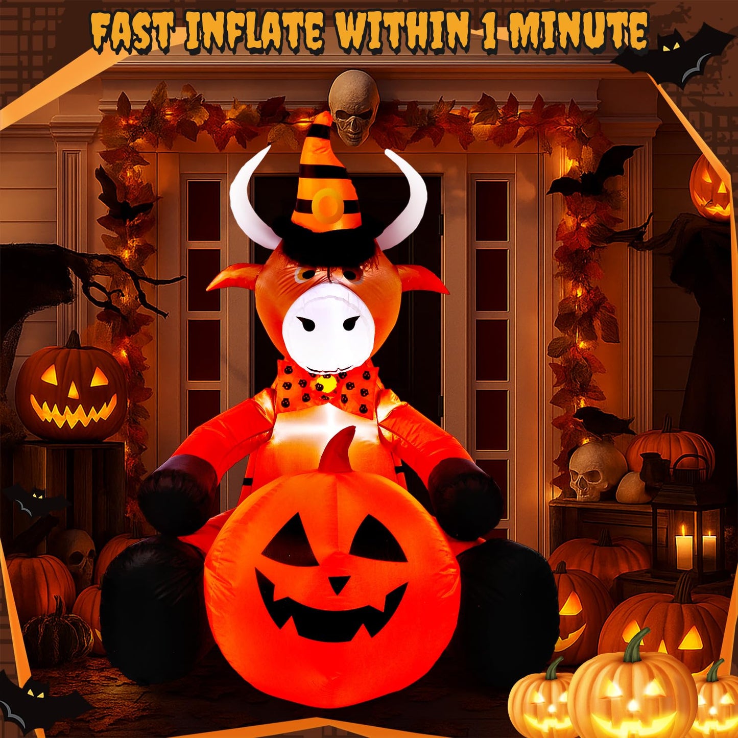 Soulchen 5FT Halloween Inflatable Highland Cow Outdoor Decorations with Witch Hat Holding Pumpkin Built-in LED Lighted Halloween Blow up for Yard Garden Lawn Holiday Party Decor