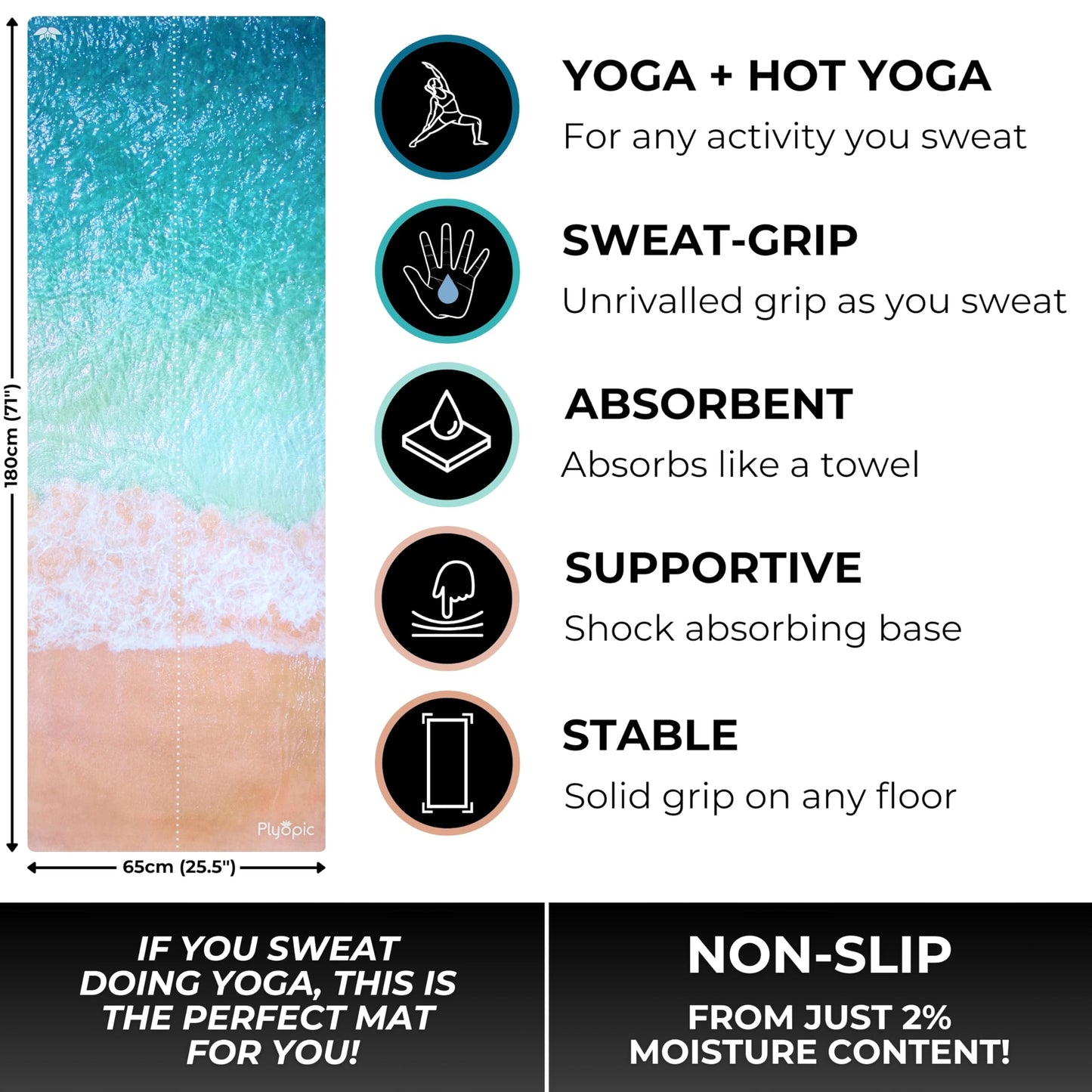 Plyopic. All In One Yoga Mat | Luxury Sweat-Grip Mat/Towel Combo | Ideal for Yoga, Hot Yoga, Bikram, Pilates, Workout & Exercise | Eco-Friendly Natural Rubber