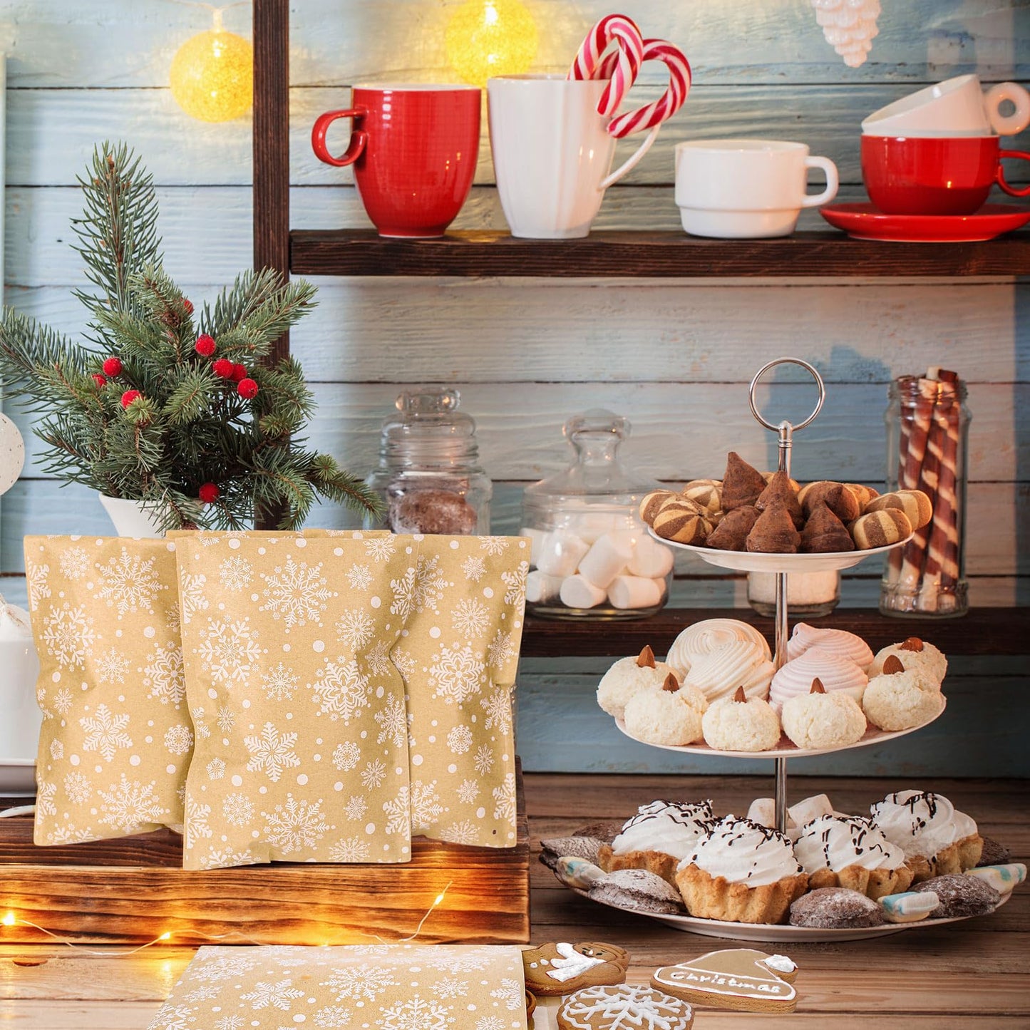 Whaline 100Pcs Christmas Kraft Treat Bags Self-Adhesive Winter White Snowflake Prints Goodie Snack Gift Bags Xmas Candy Buffet Kraft Bag for Holiday Party Favor Supplies