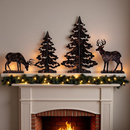 YULETIME 4-Piece Metal Christmas Reindeer and Tree Scene Silhouette Set, Winter Forest Deer & Spruce Landscape Holiday Tabletop Ornament