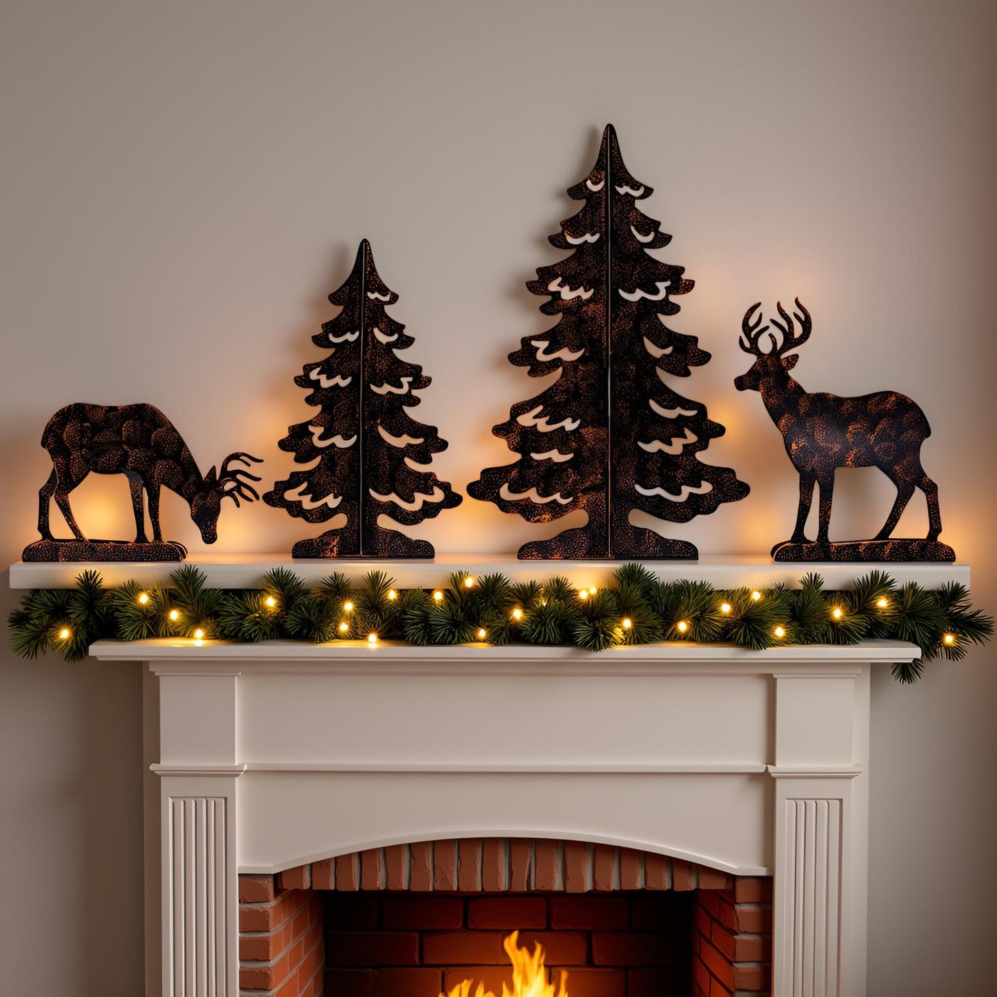 YULETIME 4-Piece Metal Christmas Reindeer and Tree Scene Silhouette Set, Winter Forest Deer & Spruce Landscape Holiday Tabletop Ornament