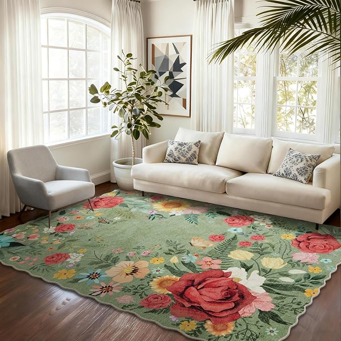 Washable Rugs for Living Room: 5x7 Area Rugs for Bedroom Soft Ultra Thin Stain Resistant Non Slip Low Pile Lightweight Vintage Floral Carpet for Dining Room Decor (Green)