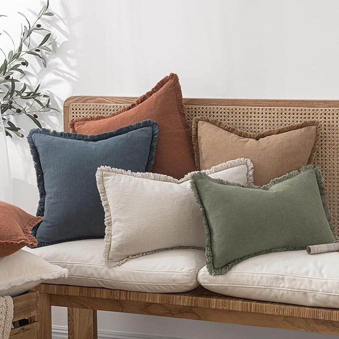 MIULEE Christmas Decorative Throw Pillow Covers Neutral Linen Fringe Throw Pillows Set of 2 Indigo Blue Boho Farmhouse Cushion Covers Coastal Decor for Couch Sofa Bed Living Room Decor 24x24 Inch