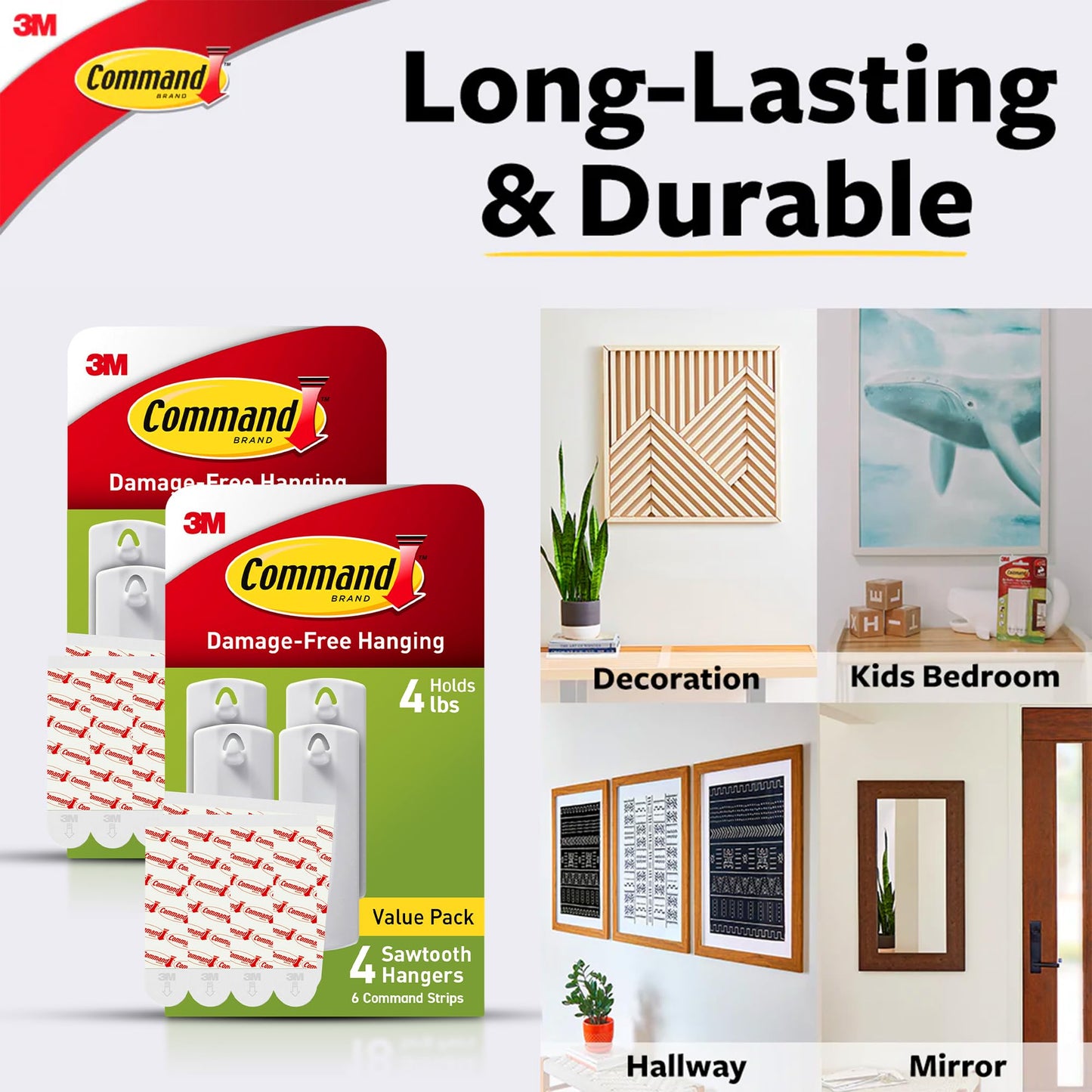 Command Sawtooth Picture Hangers, Damage Free Hanging Frame Hangers, No Tools Wall Hooks for Hanging Sawtooth Frames in Living Spaces, 8 White Picture Frame Hangers and 16 Command Strips
