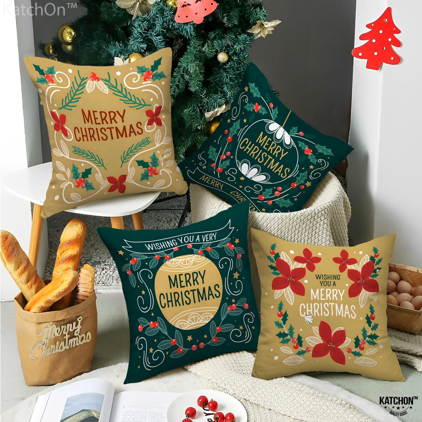 KatchOn, Merry Christmas Pillow Covers 18x18 - Pack of 4 | Green and Gold Christmas Throw Pillow Covers | Christmas Decorations Indoor | Holiday Pillow Cases