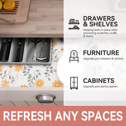 RAY STAR Shelf Liner, 12 Inch x 10 Feet Non Adhesive Daisy Floral Printed Cabinet Liner for Pantry Drawer Vanity, Strong Grip Non Slip Waterproof, Shelf Liners for Kitchen Cabinets Organization