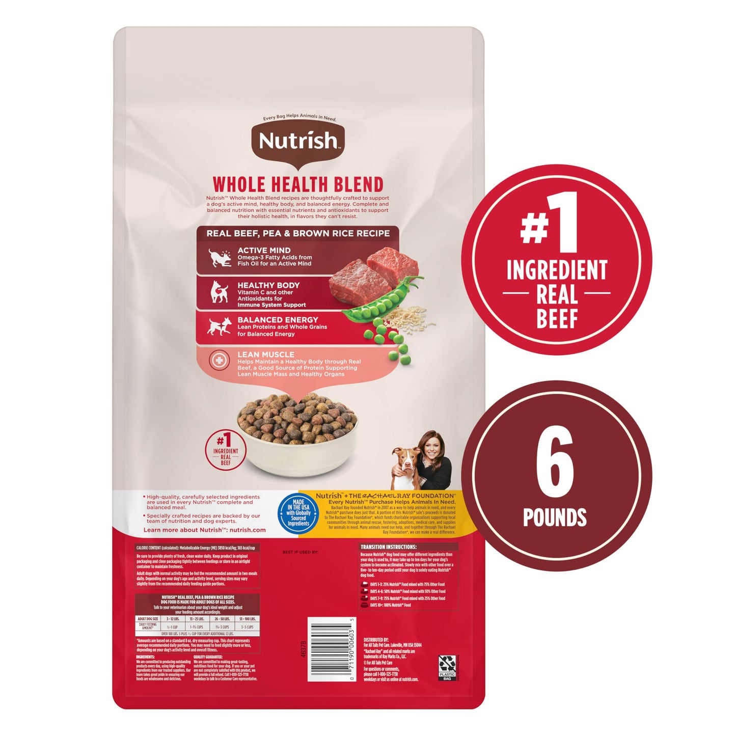 Nutrish Dry Dog Food, Real Beef, Pea & Brown Rice Recipe Whole Health Blend for Adult Dogs, 6 lb. Bag (Rachael Ray)