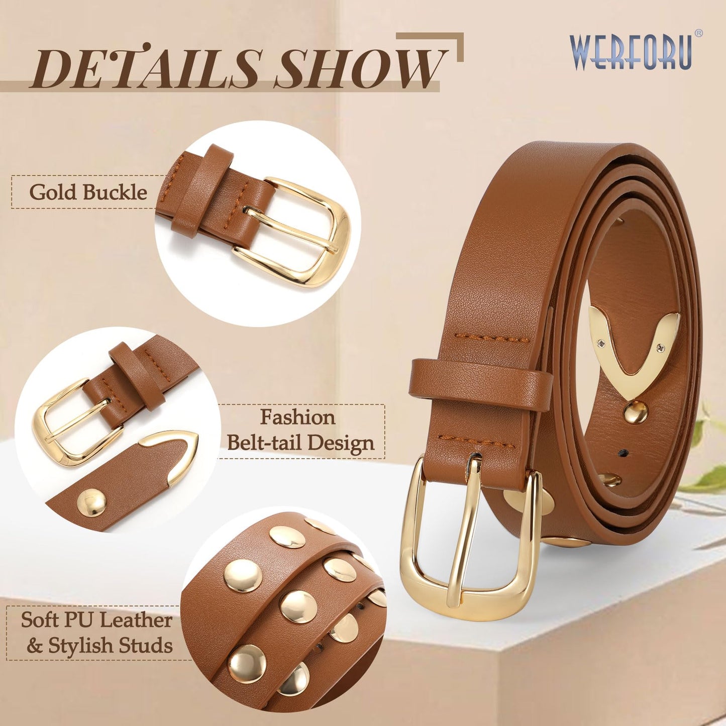 WERFORU Women Fashion Leather Belt Studded Leather Belt Ladies Belts for Jeans Dress Punk Belt,(Brown,25"-30" Waist Adjustable)