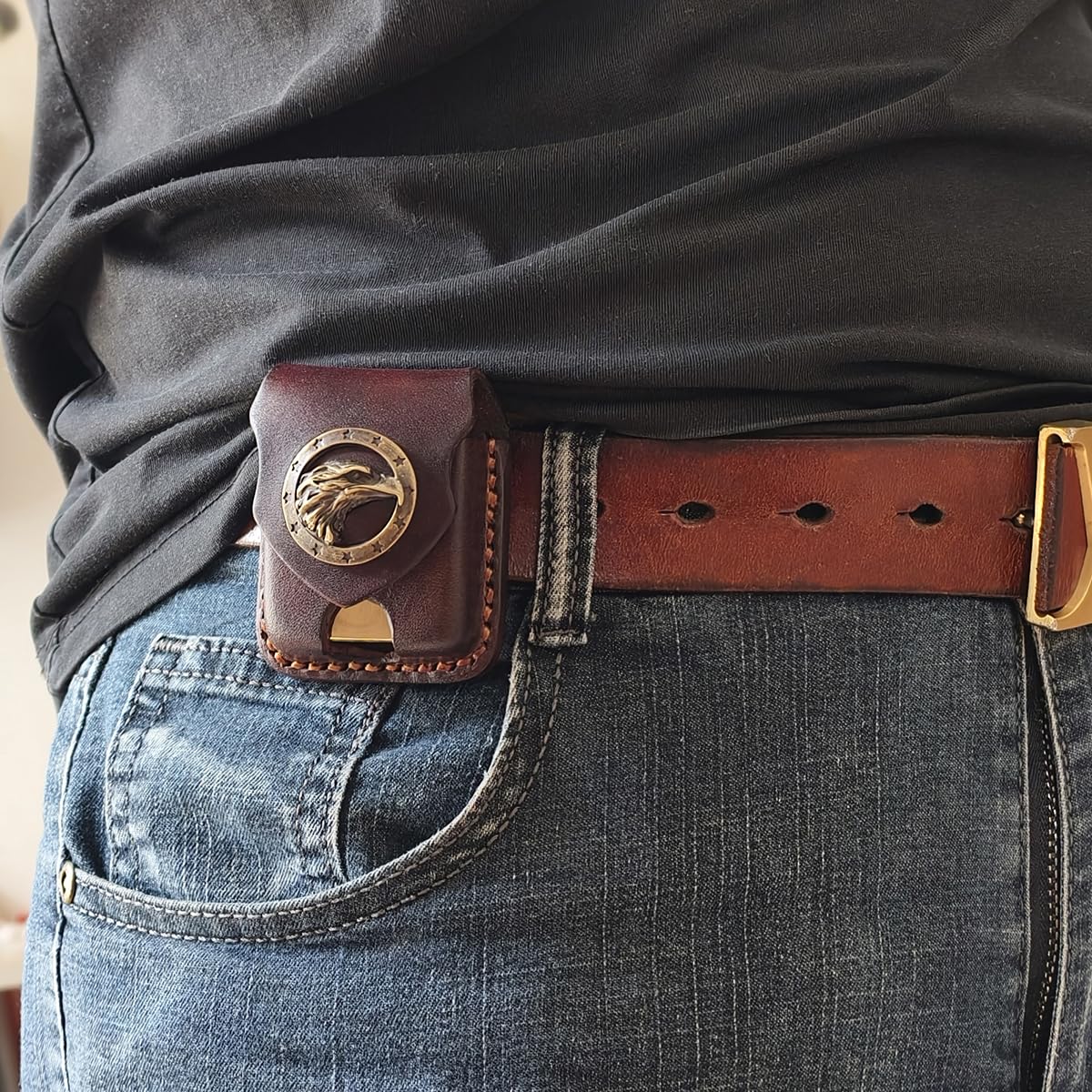 Gucaibu Leather Lighter Case, Dark Brown Western Style with Bronze Eagle Medallion, Handcrafted Holder