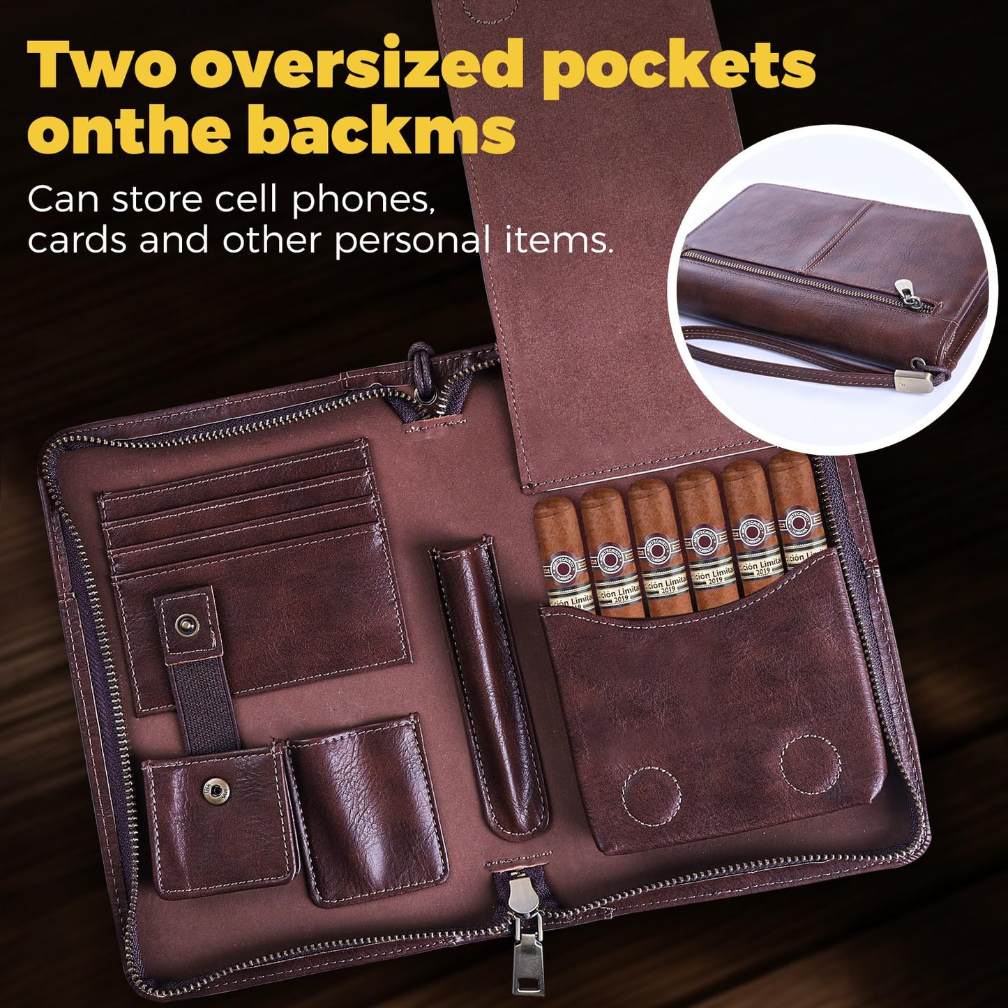 MCKDERWRILL Portable Travel Leather Cigar Case, Handmade Full Grain Leather Cigar Box, Holds 5-6 Cigars, Cigar Humidor, Cigar Accessories for Men Gift