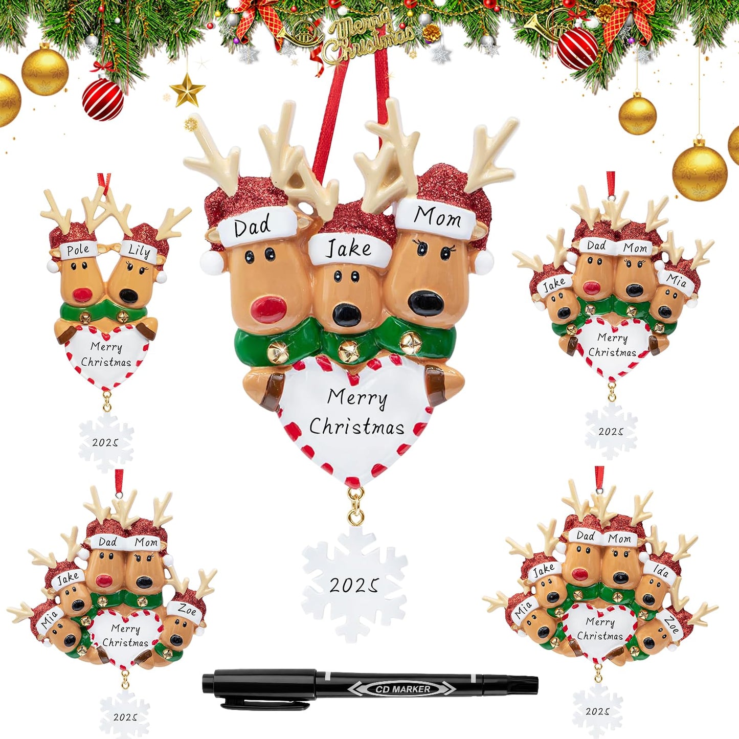 Personalized Deer Christmas Ornaments 2025 Family of 2,3,4,5,6, Custom Engraved Names & Year, Custom Polyresin Hanging Reindeer Ornament for Xmas Tree Decoration Holiday Family Decor Gifts
